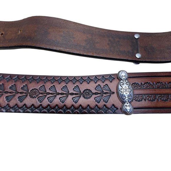 Brighton XL Brown Leather Floral Tooled Western Belt  Engraved Silver Buckle main image 4
